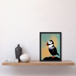 Artery8 Cute Puffin Bird on Rock Modern Print Illustration Artwork Framed Wall Art Print A4 in Black - thumbnail 2