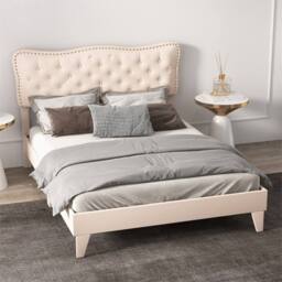 NESTLUNE King Size Bed Frame Wooden Slat Bed Platform Upholstered in Beige - thumbnail 5