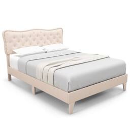 NESTLUNE King Size Bed Frame Wooden Slat Bed Platform Upholstered in Beige - thumbnail 6