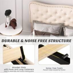 NESTLUNE King Size Bed Frame Wooden Slat Bed Platform Upholstered in Beige - thumbnail 3