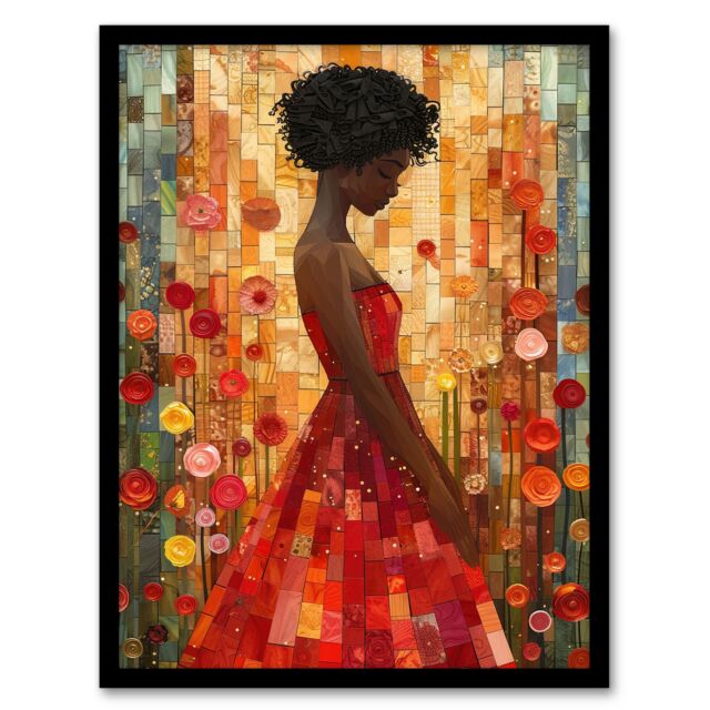 "Artery8 Woman Red Dress Rose Garden Mosaic Collage Framed Art Print in Orange - Size: W12"" x H16""" - image 1