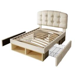 Merax 3ft Upholstered Single Bed with Drawers, Adjustable Headboard in Beige - thumbnail 6