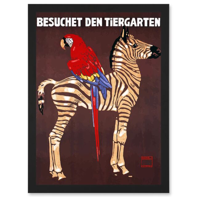 Artery8 Exhibition Vintage Advert Zoo Zebra Parrot Germany Artwork Framed Wall Art Print A4 in Black - image 1