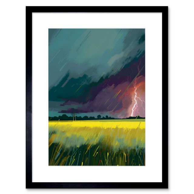 "Artery8 Wall Art Print Lightning Strike Over an Open Countryside Field Artwork Framed 9X7 Inch in Black - Size: W7"" x H9""" - image 1