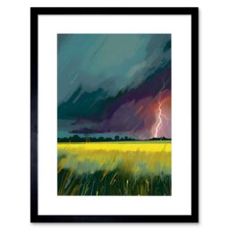 "Artery8 Wall Art Print Lightning Strike Over an Open Countryside Field Artwork Framed 9X7 Inch in Black - Size: W7"" x H9""" - thumbnail 1
