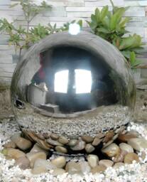 Primrose Polished Stainless Steel Sphere Water Feature Cascade Garden LEDs 40cm in Metallic Silver - thumbnail 1