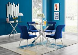 FurnitureboxUK Novara Round Glass Dining Table & 4 Nora Silver Leg Chairs in Blue - thumbnail 1