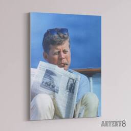 "Artery8 President John F Kennedy Cigar & Newspaper Canvas Wall Art Print in Blue - Size: W18"" x H24""" - thumbnail 2