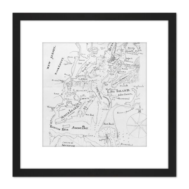 Artery8 Map Van Steenburgh 1794 New York Harbour Chart Plan 8X8 Inch Square Wooden Framed Wall Art Print Picture with Mount in Black - image 1