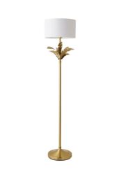 ValueLights Christina Fabric Drum Shade Gold Palm Leaf Detail Single Stem Floor Lamp in White - thumbnail 6