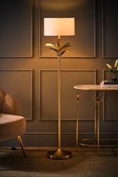 ValueLights Christina Fabric Drum Shade Gold Palm Leaf Detail Single Stem Floor Lamp in White - thumbnail 2