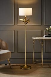 ValueLights Christina Fabric Drum Shade Gold Palm Leaf Detail Floor Lamp in White