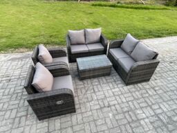 Fimous Rattan Garden Furniture Set Patio Outdoor Lounge Sofa Set with 2 Reclining Chairs Rectangular Coffee Table Dark Grey Mixed - thumbnail 2