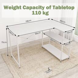 Costway L-shaped Computer Desk w/Power Outlet Workstation w/Reversible Shelves in White - thumbnail 3