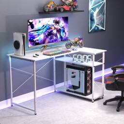 Costway L-shaped Computer Desk w/Power Outlet Workstation w/Reversible Shelves in White - thumbnail 7