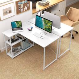 Costway L-shaped Computer Desk w/Power Outlet Workstation w/Reversible Shelves in White - thumbnail 4