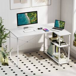 Costway L-shaped Computer Desk w/Power Outlet Workstation w/Reversible Shelves in White