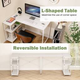 Costway L-shaped Computer Desk w/Power Outlet Workstation w/Reversible Shelves in White - thumbnail 6