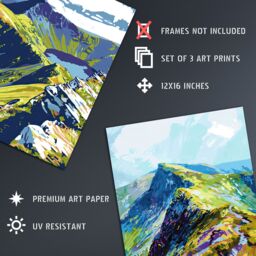 "Artery8 Set of 3 Lake District Helvellyn Mountain Range A4 Size Art Prints in Green - Size: W12"" x H16""" - thumbnail 4