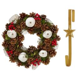 Dibor 36cm White Berries & Roses Christmas Wreath with Star Wreath Hanger in Red