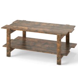 Gymax 2-Tier Coffee Table Slatted Wood Center Table with Storage Shelf-Walnut in Walnut - thumbnail 2