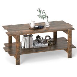Gymax 2-Tier Coffee Table Slatted Wood Center Table with Storage Shelf-Walnut in Walnut - thumbnail 1