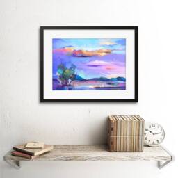 "Wee Blue Coo Abstract Sunset on Meadow Watercolour 12x16"" Framed Wall Art Print in Purple - Size: W12"" x H16""" - thumbnail 2