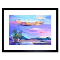 "Wee Blue Coo Abstract Sunset on Meadow Watercolour 12x16"" Framed Wall Art Print in Purple - Size: W12"" x H16""" - thumbnail 1