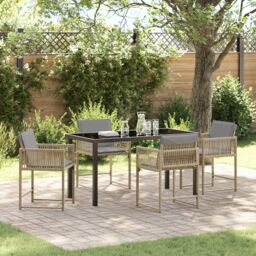 Berkfield Home 5 Piece Garden Dining Set with Cushions Beige Poly Rattan - thumbnail 1