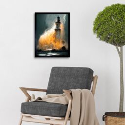 "Artery8 Wall Art Print Lighthouse Storm French Coastline Lightning Hurricane Art Framed in Black - Size: W12"" x H16""" - thumbnail 2
