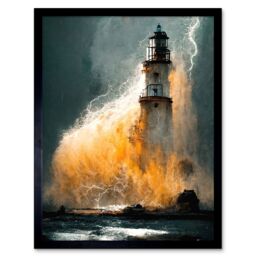 "Artery8 Wall Art Print Lighthouse Storm French Coastline Lightning Hurricane Art Framed in Black - Size: W12"" x H16""" - thumbnail 1