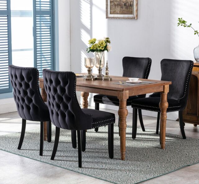 HomeTouch Sierra Set of 4 Luxe Velvet Dining Chairs Tufted Kitchen Chairs with High Wing Back & Oak Wood Legs in Black - Size: 4 Pack - image 1