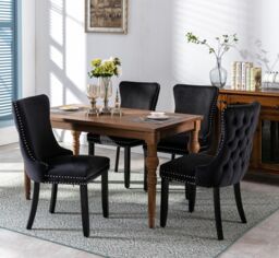 HomeTouch Sierra Set of 4 Luxe Velvet Dining Chairs Tufted Kitchen Chairs with High Wing Back & Oak Wood Legs in Black - Size: 4 Pack - thumbnail 2