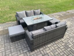 Fimous Garden Patio Furniture Wicker Rattan Gas Fire Pit Table & Sofa set with 2 Big Footstool in Dark Grey - thumbnail 1