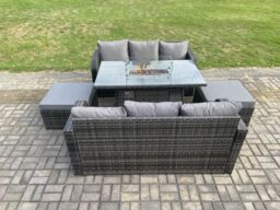 Fimous Garden Patio Furniture Wicker Rattan Gas Fire Pit Table & Sofa set with 2 Big Footstool in Dark Grey - thumbnail 3