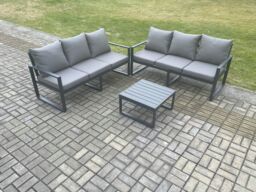 Fimous Aluminium 3 Pieces Garden Furniture Sofa Set with Cushions 6 Seater Outdoor Patio Set with Square Coffee Table Dark Grey - thumbnail 2