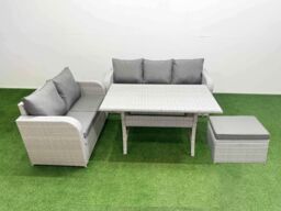 Fimous 6 Seater PE Rattan Wicker Garden Furniture Patio Conservatory Sofa Set with Rectangular Dining Table 3 Seater Sofa Love Sofa Big Footstool - thumbnail 2