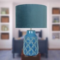First Choice Lighting Peacock Glazed Ceramic Lamp with Teal Velour Shade - thumbnail 8
