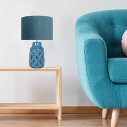 First Choice Lighting Peacock Glazed Ceramic Lamp with Teal Velour Shade - thumbnail 9