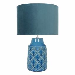First Choice Lighting Peacock Glazed Ceramic Lamp with Teal Velour Shade