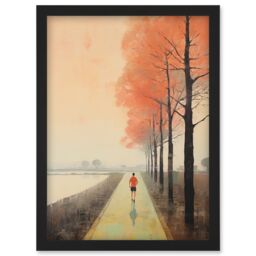Artery8 Wall Art Print Early Morning Jogging Pastel Colour Oil Painting Jogger on Lakeside Pink Tree Trail Countryside Landscape Artwork Framed A4 - thumbnail 1