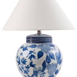 Wyld and Coco Porcelain Table Lamp - White-Blue Floral Base Linen Shade in White - thumbnail 2