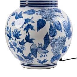 Wyld and Coco Porcelain Table Lamp - White-Blue Floral Base Linen Shade in White - thumbnail 6