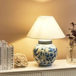 Wyld and Coco Porcelain Table Lamp - White-Blue Floral Base Linen Shade in White
