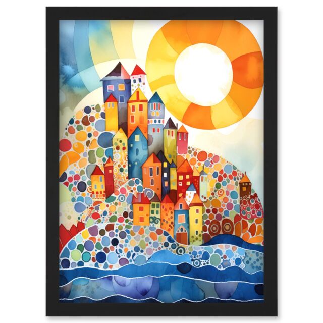 Artery8 Abstract Seascape Sunrise Village Folk Art Artwork Framed Wall Art Print A4 in Black - image 1