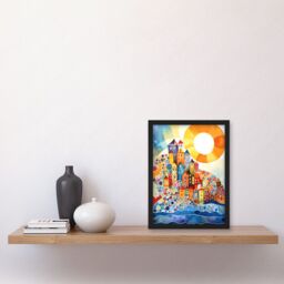 Artery8 Abstract Seascape Sunrise Village Folk Art Artwork Framed Wall Art Print A4 in Black - thumbnail 2