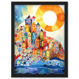 Artery8 Abstract Seascape Sunrise Village Folk Art Artwork Framed Wall Art Print A4 in Black - thumbnail 1