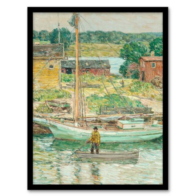 Artery8 Oyster Sloop Sailboat in Cos Cob Harbour Hassam Framed Wall Art Print - Size: A4 - image 1