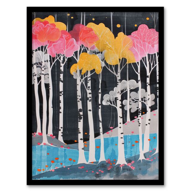 "Artery8 Colourful Birch Tree Forest River Bank Landscape Framed Art Print - Size: W12"" x H16""" - image 1