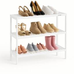 EONLION 3 Tier Bamboo Shoe Rack 12 Pairs White Bamboo Shelves White Frame